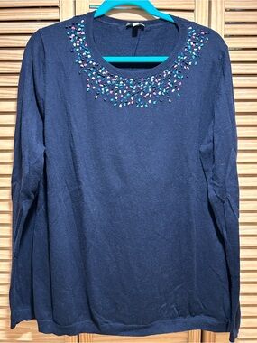 Talbots Navy Embellished Crewneck Sweater with Multicolor Thread